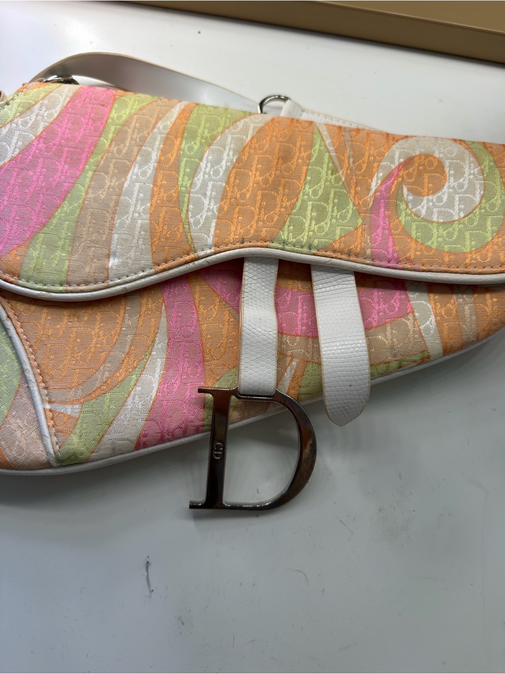 Dior Multicolor Saddle Bag in Pastel Swirl Jacquard with White Trim